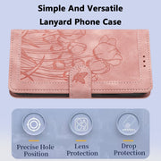 For iPhone 16e Tulips Embossed Leather Phone Case with Lanyard(Pink)