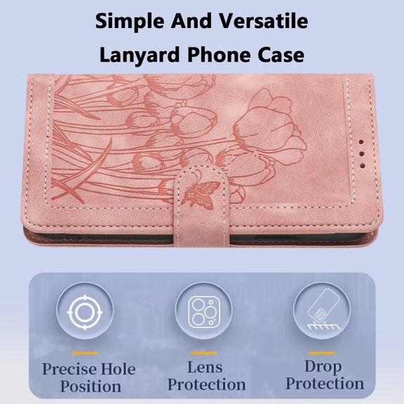 For iPhone 16e Tulips Embossed Leather Phone Case with Lanyard(Pink)