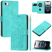 For iPhone 16e Tulips Embossed Leather Phone Case with Lanyard(Green)