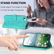 For iPhone 16e Tulips Embossed Leather Phone Case with Lanyard(Green)