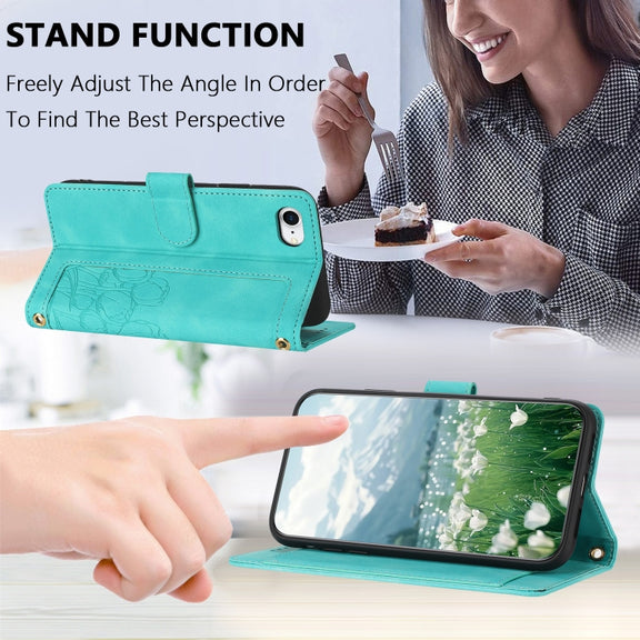 For iPhone 16e Tulips Embossed Leather Phone Case with Lanyard(Green)
