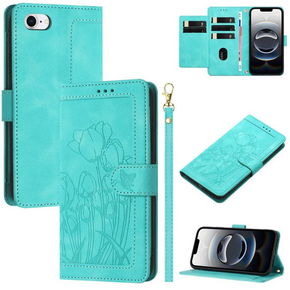 For iPhone 16e Tulips Embossed Leather Phone Case with Lanyard(Green)