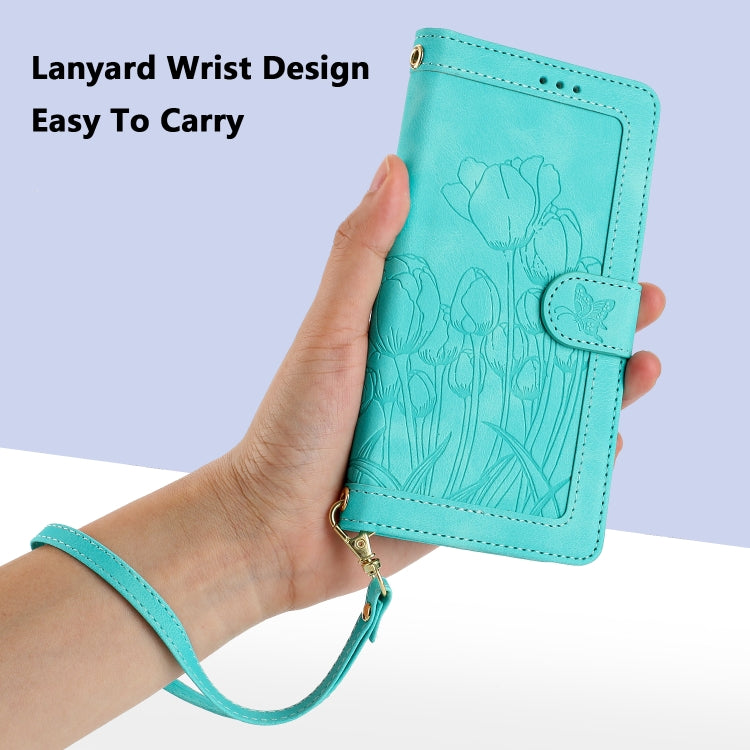For iPhone 16e Tulips Embossed Leather Phone Case with Lanyard(Green)