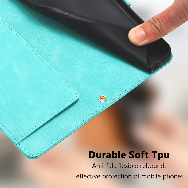 For iPhone 16e Tulips Embossed Leather Phone Case with Lanyard(Green)