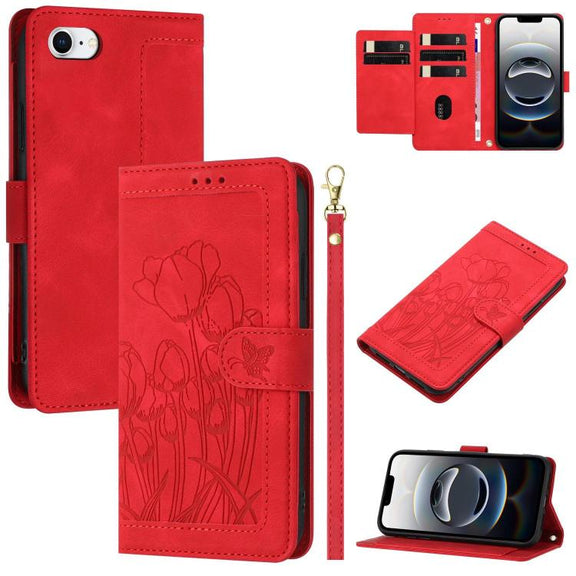 For iPhone 16e Tulips Embossed Leather Phone Case with Lanyard(Red)