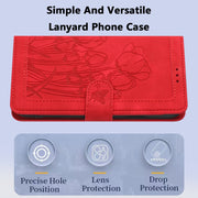 For iPhone 16e Tulips Embossed Leather Phone Case with Lanyard(Red)