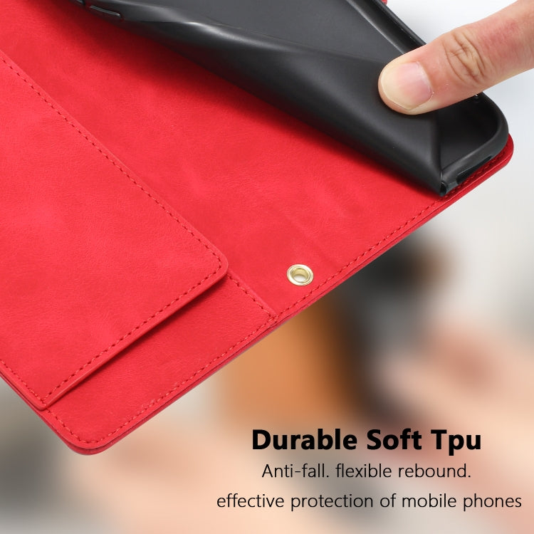 For iPhone 16e Tulips Embossed Leather Phone Case with Lanyard(Red)