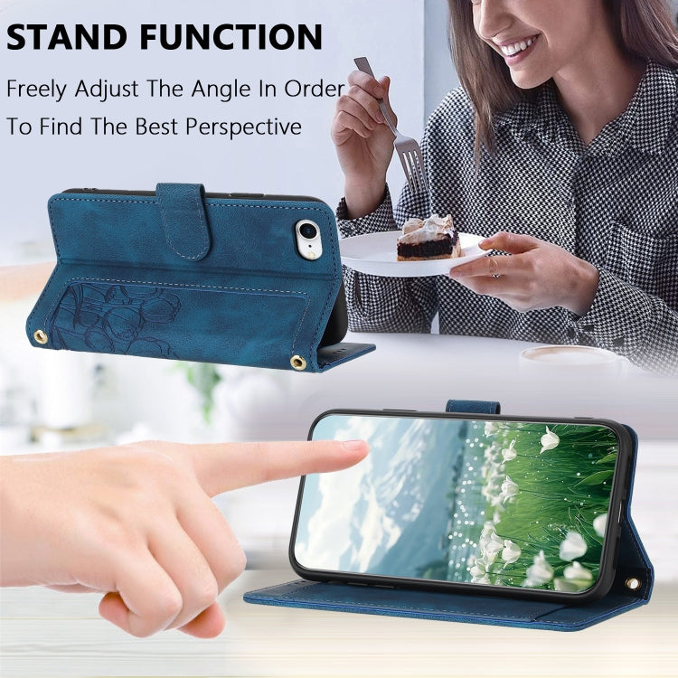 For iPhone 16e Tulips Embossed Leather Phone Case with Lanyard(Blue)
