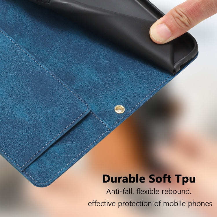 For iPhone 16e Tulips Embossed Leather Phone Case with Lanyard(Blue)