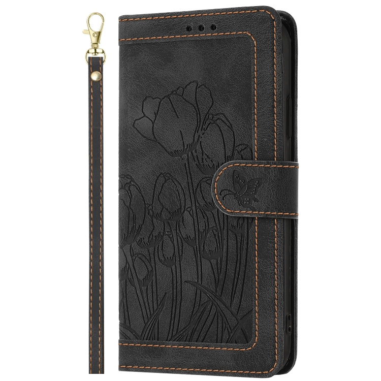 For iPhone 16e Tulips Embossed Leather Phone Case with Lanyard(Black)