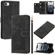 For iPhone 16e Tulips Embossed Leather Phone Case with Lanyard(Black)