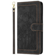 For iPhone 16e Tulips Embossed Leather Phone Case with Lanyard(Black)