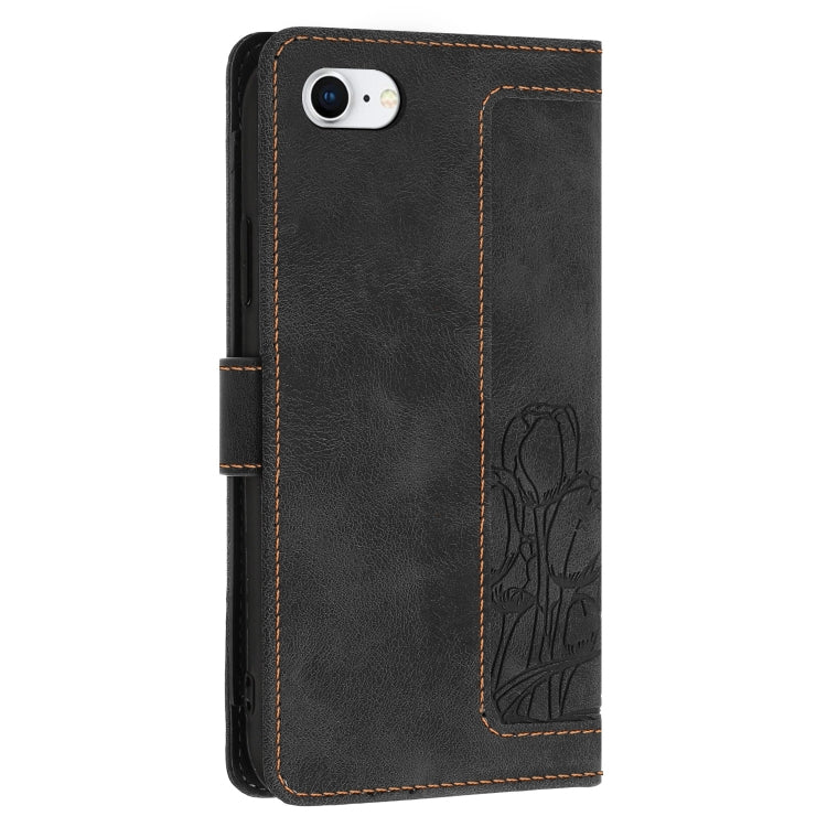 For iPhone 16e Tulips Embossed Leather Phone Case with Lanyard(Black)