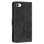 For iPhone 16e Tulips Embossed Leather Phone Case with Lanyard(Black)