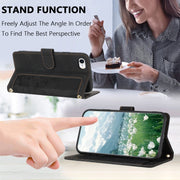 For iPhone 16e Tulips Embossed Leather Phone Case with Lanyard(Black)