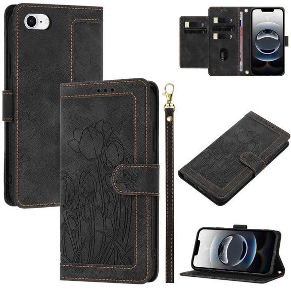 For iPhone 16e Tulips Embossed Leather Phone Case with Lanyard(Black)