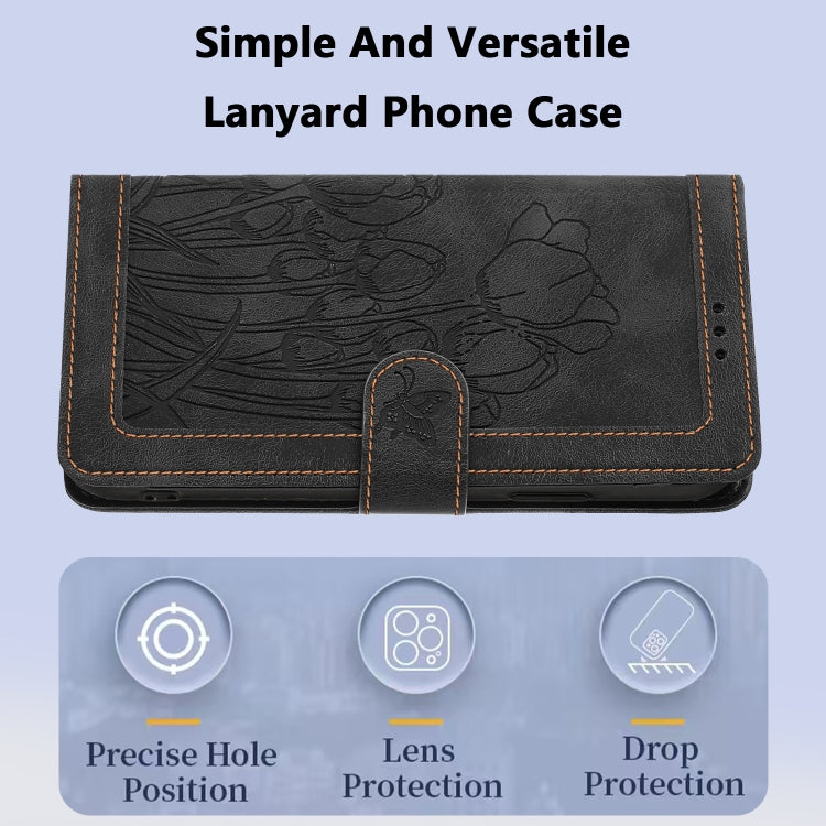 For iPhone 16e Tulips Embossed Leather Phone Case with Lanyard(Black)