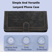 For iPhone 16e Tulips Embossed Leather Phone Case with Lanyard(Black)