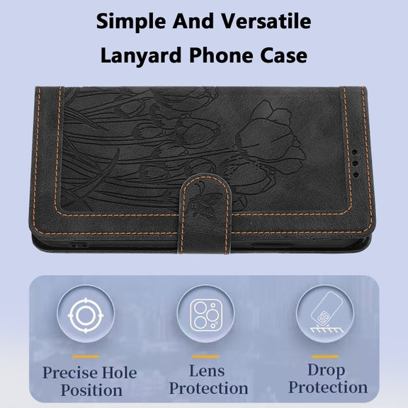 For iPhone 16e Tulips Embossed Leather Phone Case with Lanyard(Black)