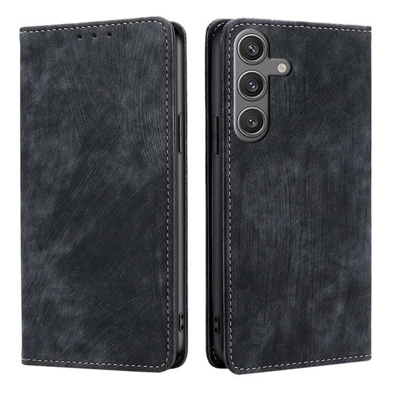 For Samsung Galaxy S25 5G RFID Anti-theft Brush Magnetic Leather Phone Case(Black)