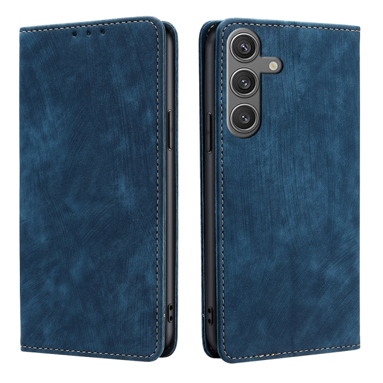 For Samsung Galaxy S25 5G RFID Anti-theft Brush Magnetic Leather Phone Case(Blue)