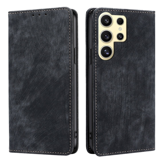 For Samsung Galaxy S25 Ultra 5G RFID Anti-theft Brush Magnetic Leather Phone Case(Black)