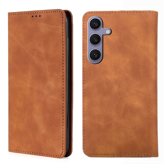 For Samsung Galaxy S25+ 5G Skin Feel Magnetic Leather Phone Case(Light Brown)