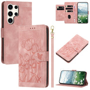 For Samsung Galaxy S25 Ultra 5G Tulips Embossed Leather Phone Case with Lanyard(Pink)