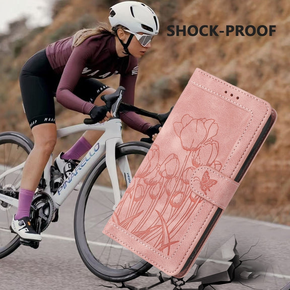 For Samsung Galaxy S25 Ultra 5G Tulips Embossed Leather Phone Case with Lanyard(Pink)