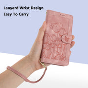 For Samsung Galaxy S25 Ultra 5G Tulips Embossed Leather Phone Case with Lanyard(Pink)
