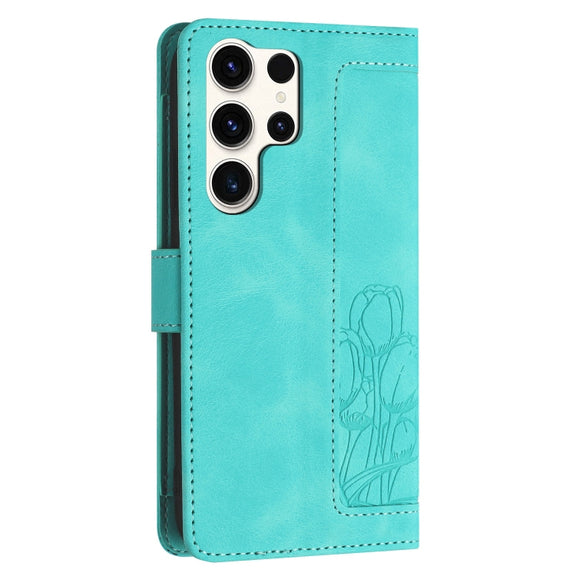 For Samsung Galaxy S25 Ultra 5G Tulips Embossed Leather Phone Case with Lanyard(Green)