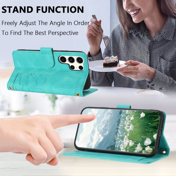 For Samsung Galaxy S25 Ultra 5G Tulips Embossed Leather Phone Case with Lanyard(Green)