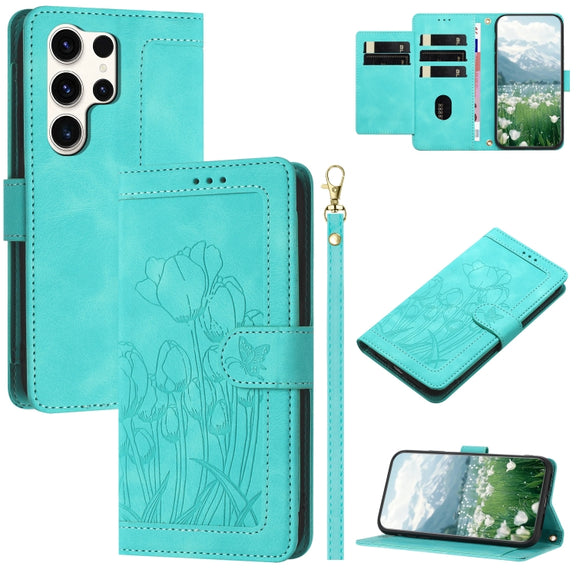 For Samsung Galaxy S25 Ultra 5G Tulips Embossed Leather Phone Case with Lanyard(Green)