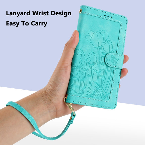 For Samsung Galaxy S25 Ultra 5G Tulips Embossed Leather Phone Case with Lanyard(Green)