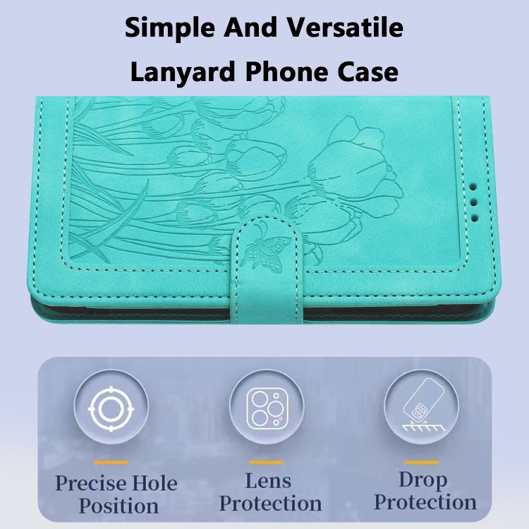 For Samsung Galaxy S25 Ultra 5G Tulips Embossed Leather Phone Case with Lanyard(Green)
