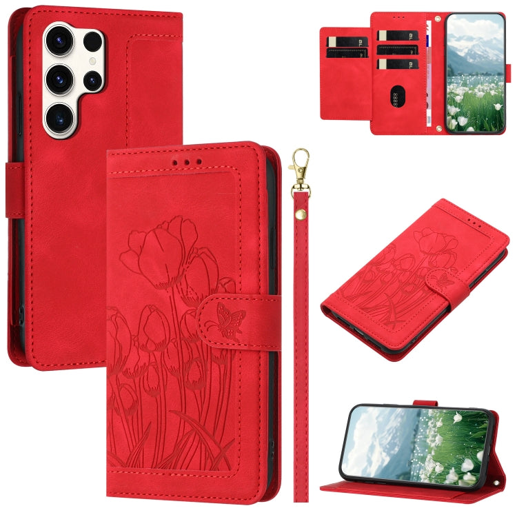 For Samsung Galaxy S25 Ultra 5G Tulips Embossed Leather Phone Case with Lanyard(Red)