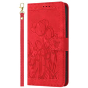 For Samsung Galaxy S25 Ultra 5G Tulips Embossed Leather Phone Case with Lanyard(Red)
