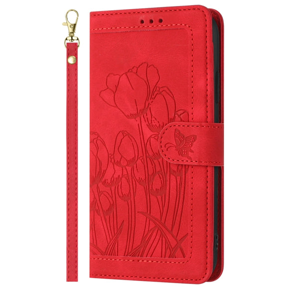 For Samsung Galaxy S25 Ultra 5G Tulips Embossed Leather Phone Case with Lanyard(Red)