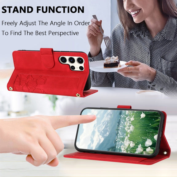 For Samsung Galaxy S25 Ultra 5G Tulips Embossed Leather Phone Case with Lanyard(Red)