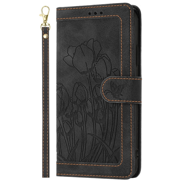 For Samsung Galaxy S25 Ultra 5G Tulips Embossed Leather Phone Case with Lanyard(Black)