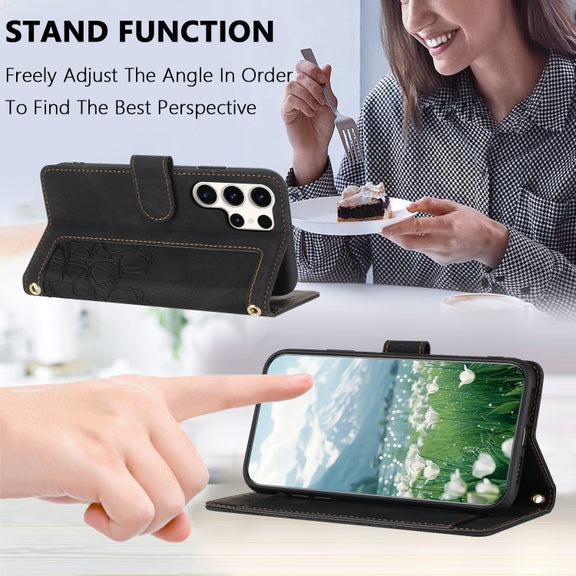 For Samsung Galaxy S25 Ultra 5G Tulips Embossed Leather Phone Case with Lanyard(Black)