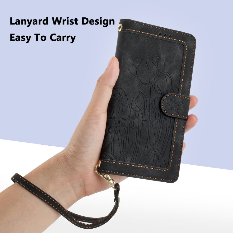 For Samsung Galaxy S25 Ultra 5G Tulips Embossed Leather Phone Case with Lanyard(Black)