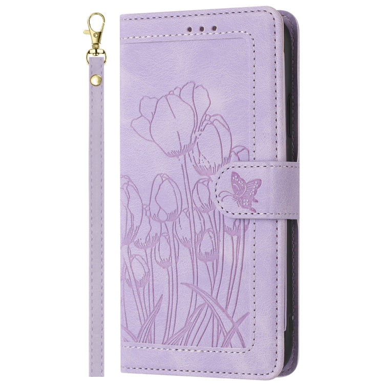 For Samsung Galaxy S25+ 5G Tulips Embossed Leather Phone Case with Lanyard(Purple)