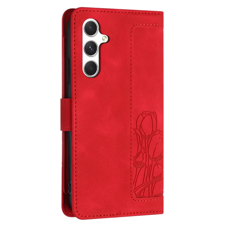 For Samsung Galaxy S25+ 5G Tulips Embossed Leather Phone Case with Lanyard(Red)
