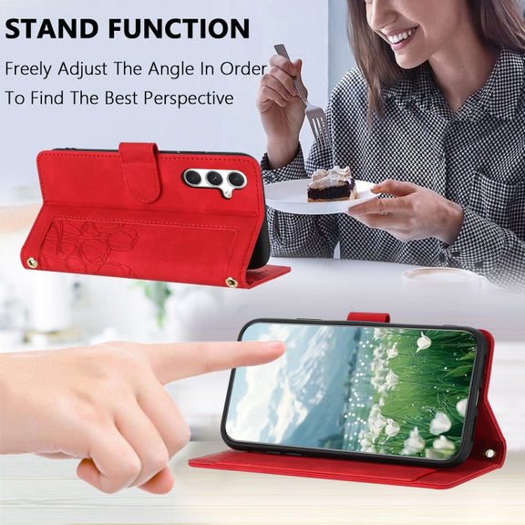 For Samsung Galaxy S25+ 5G Tulips Embossed Leather Phone Case with Lanyard(Red)