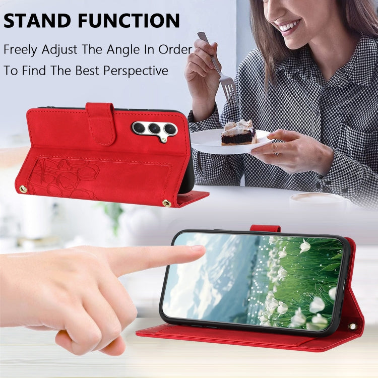 For Samsung Galaxy S25+ 5G Tulips Embossed Leather Phone Case with Lanyard(Red)