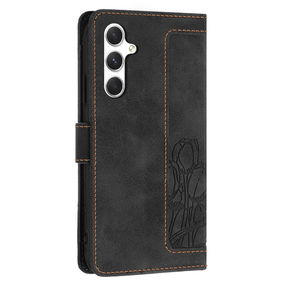 For Samsung Galaxy S25+ 5G Tulips Embossed Leather Phone Case with Lanyard(Black)