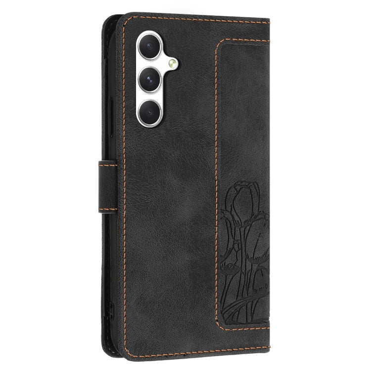 For Samsung Galaxy S25+ 5G Tulips Embossed Leather Phone Case with Lanyard(Black)