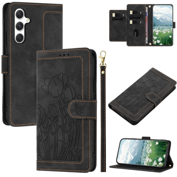 For Samsung Galaxy S25+ 5G Tulips Embossed Leather Phone Case with Lanyard(Black)