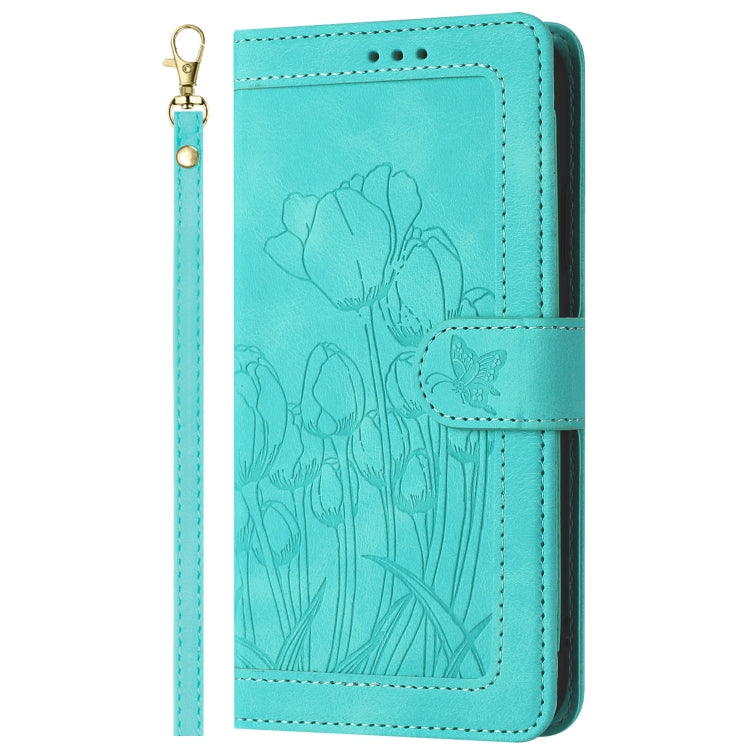 For Samsung Galaxy S25 5G Tulips Embossed Leather Phone Case with Lanyard(Green)